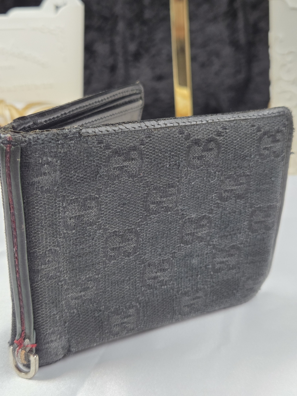 Authentic Gucci Black GG Canvas Bifold Wallet Hidden Coin Pouch Leather